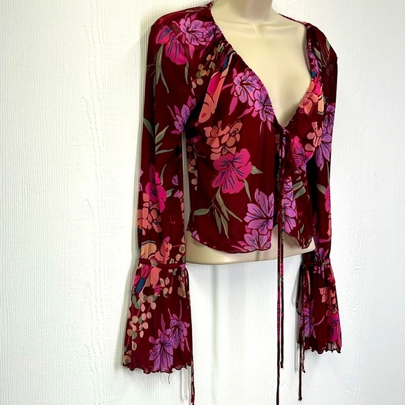 Free People - Paradise Cocoa Combo Button Up And Tie V Neck Blouse Size XS - Picture 4 of 12
